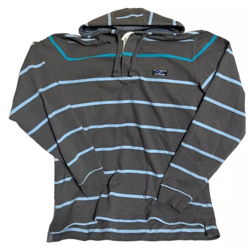 LL Bean Shirt Men’s M Grey Blue Striped Lakewashed Rugby Hoodie Henley